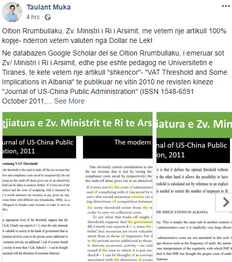 Plagiarism of Prof. Oltian Rrumbullaku comes a few minutes after is appointed Deputy Minister of Education, Taulant Muka pretends