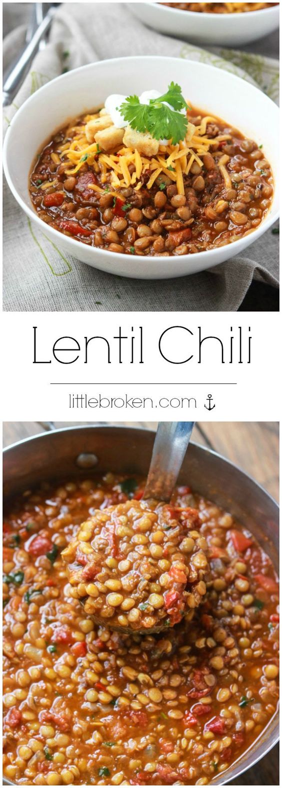Meatless lentil chili with simple ingredients and flavorful spices. It's wholesome, filling, and makes one easy weeknight meal