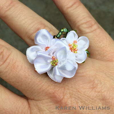 Karen Williams' Apple Blossom freeform peyote ring, worn