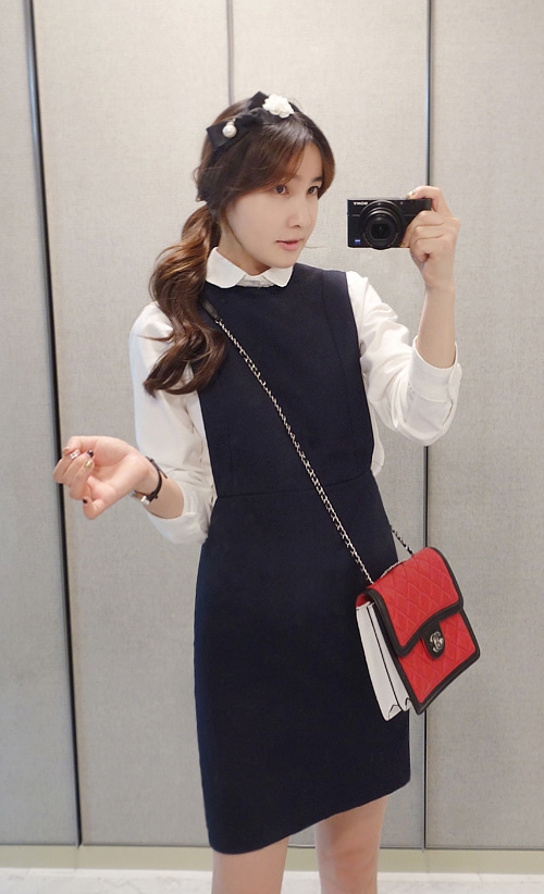 White Button-Down Shirt and Navy Pinafore Set