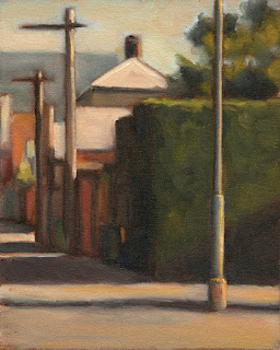 Oil painting of a street scene with telephone poles, a hedge and buildings.