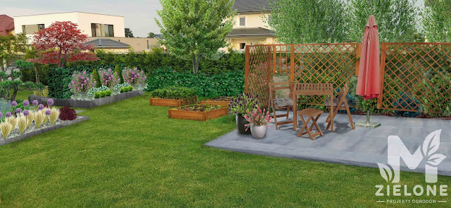 Projekt ogrodu w nowoczesnym stylu z grządkami podwyższonymi i tarasem na ogrodzie - wizualizacja wiosna