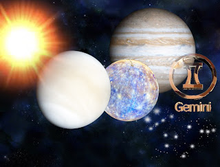 Sun, Mercury, Venus and Jupiter in Gemini