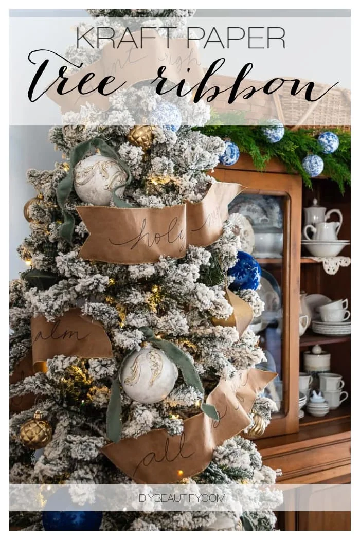 Christmas tree, kraft paper ribbon, song lyrics, gold ornaments