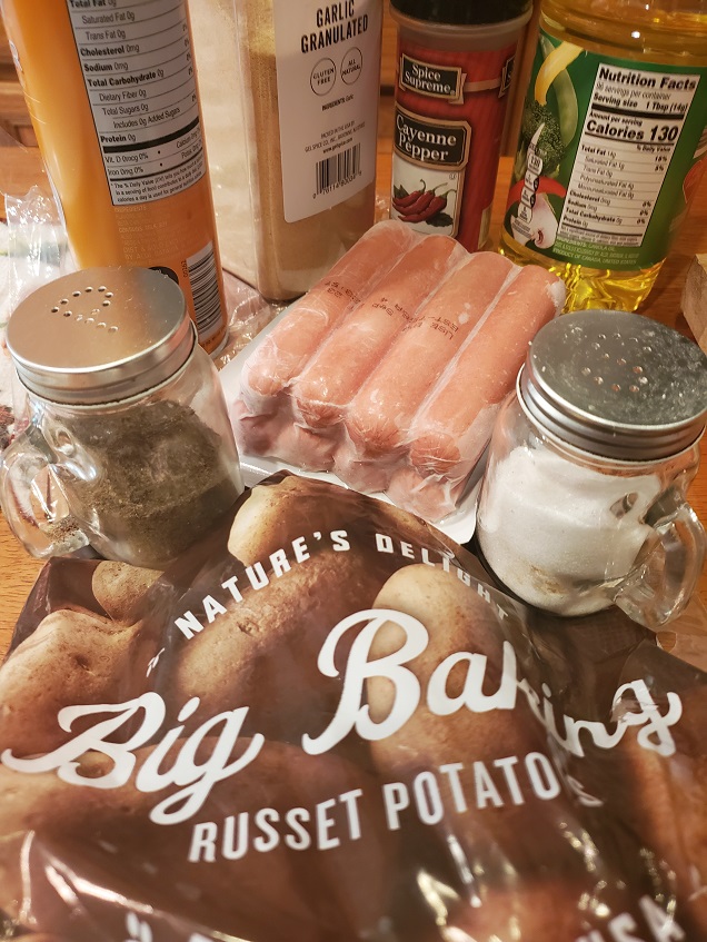 ingredients to make hotdogs and potatoes