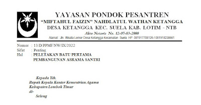 Contoh Surat Undangan Peletakan Batu Pertama Pembangunan Asrama SantriPondok Pesantren