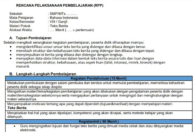 Download Contoh RPP Satu Lembar Teks Berita - Bahasa Indonesia