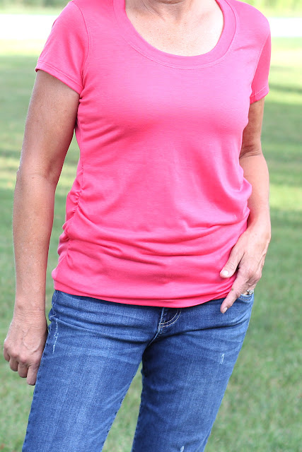 The Confident Stitch Rayon Lycra Coral knit made into Angela Wolf's Ruched T
