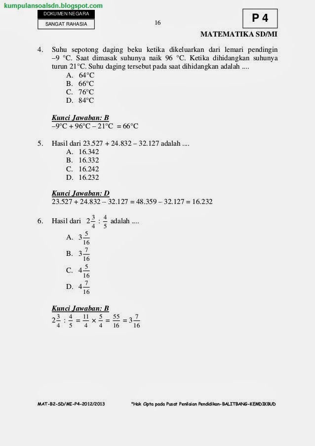 Pembahasan Soal Matematika UN+US+Try Out Kelas 6 VI SD Paket 4 TA 2012/2013 ~ Kumpulan Soal SD