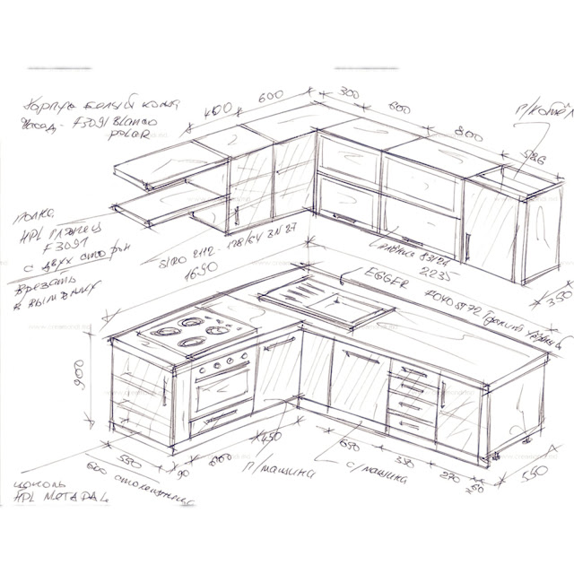 "Plano de la cocina Esencia, con una disposición en forma de L y elementos de alta calidad como granito y madera de roble"