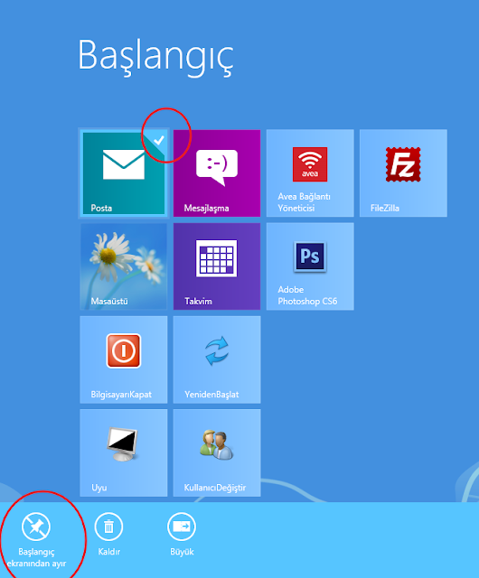 Windows 8 de başlangıç ekranındaki bir simgeyi kaldırmak için?