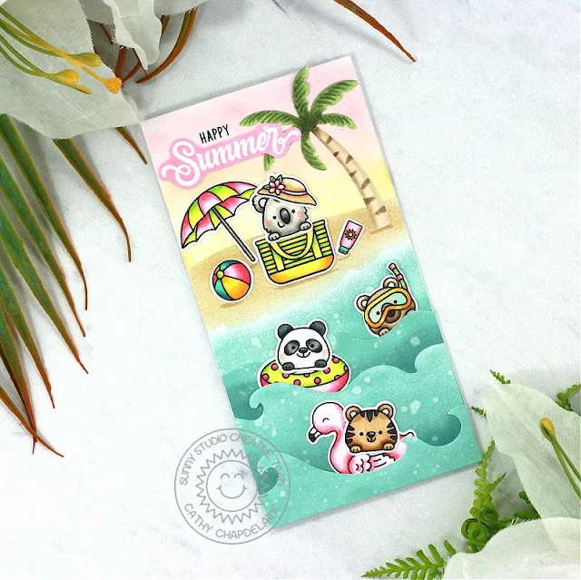 Sunny Studio Stamps: Beach Buddies Summer Themed Card by Cathy Chapdelaine (featuring Slimline Dies, Catch A Wave Dies, Tropical Trees Backdrop Dies)