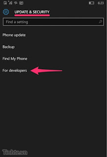 Hướng dẫn Windows 10 Mobile “mượn” ứng dụng Android: Trên chiếc điện thoại Windows 10 Mobile bản Build 10240, hãy vào “Settings => Update & Security => For developers” (mũi tên). Nguồn bài viết: http://gamehub.vn/hub/huong-dan-windows-10-mobile-lay-ung-dung-android-de-dang.101880/ Cổng thông tin chuyên biệt đánh giá Game Mobile | Gamehub