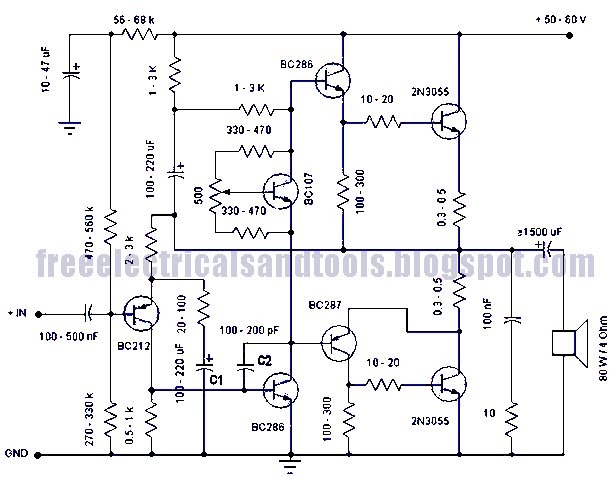 Free Schematic Diagram 50 Watt Amplifier Circuit Using