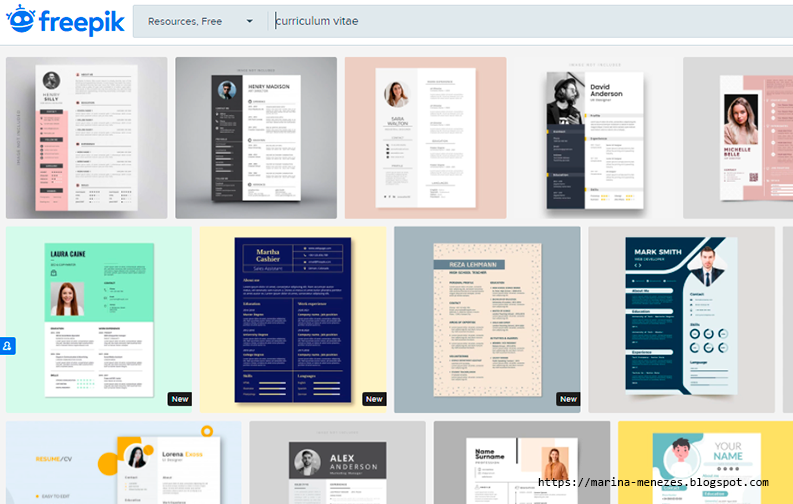A imagem mostra uma captura de tela do site Freepik na parte de busca com vários modelos de curriculos para download