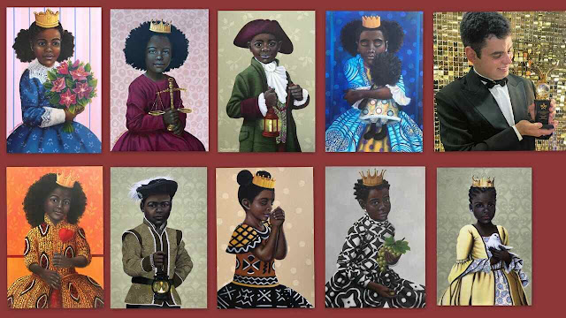 Quadros de crianças vestidas com roupas da realeza e estampas africanas.