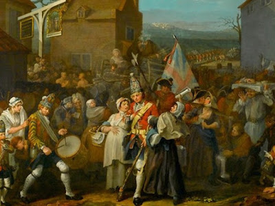 Detail showing soldiers on the road in an English village from "The March of the Guards to Finchley", William Hogarth, 1750.