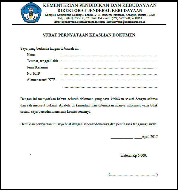 Contoh Surat Pernyataan Keaslian Dokumen  List Kerja Aceh
