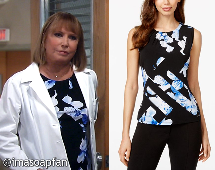 Monica Quartermaine, Leslie Charleson, Sleeveless Black and Blue Floral Top, General Hospital, GH