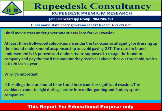 Hindi movie stars under government’s tax lens for GST evasion - Rupeedesk Reports - 10.11.2022