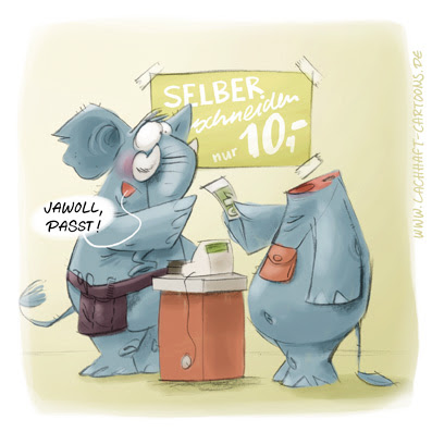 LACHHAFT Cartoon Friseur Haare schneiden Aktion selber selfmade kopflos Geld billig Cartoons Witze witzig witzige lustige Bildwitze Bilderwitze Comic Zeichnungen lustig Karikatur Karikaturen Illustrationen Michael Mantel Spaß schwarzer Humor