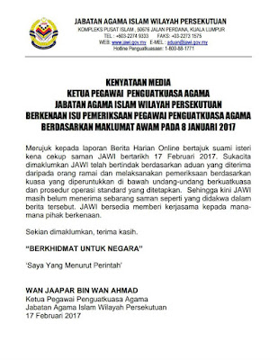 KENYATAAN MEDIA 

KETUA PEGAWAI  PENGUATKUASA AGAMA 
JABATAN AGAMA ISLAM WILAYAH PERSEKUTUAN
BERKENAAN ISU PEMERIKSAAN PEGAWAI PENGUATKUASA AGAMA BERDASARKAN MAKLUMAT AWAM PADA 8 JANUARI 2017