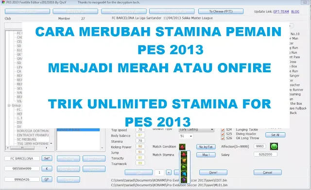 Cara Agar Stamina Pemain Tidak Berkurang Di PES 2013 PC - Master League