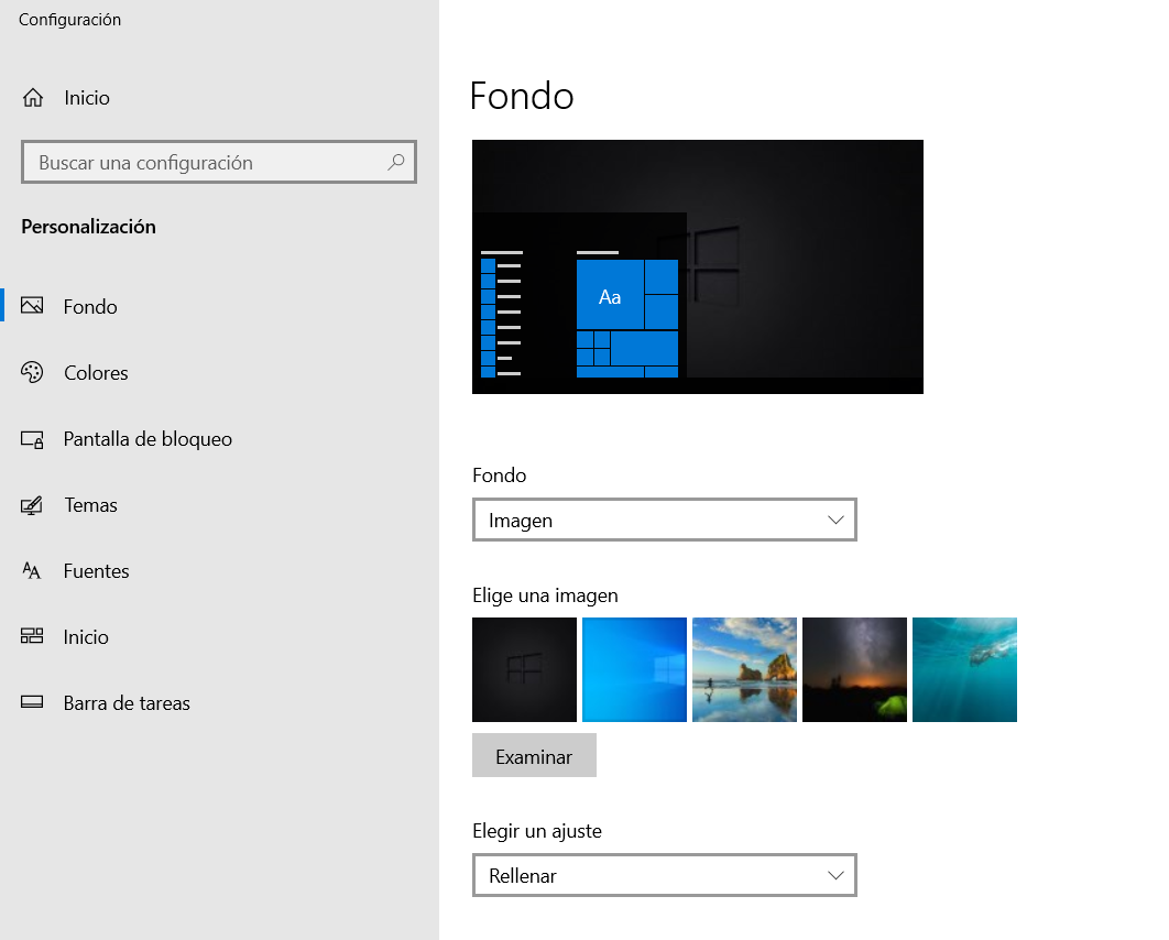 Menú de personalización Windows