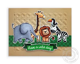 Sunny Studio Blog: Have A Wild Day Elephant, Giraffe, Zebra & Lion Card (using Savanna Safari, Banner Basics Stamps, Gingham Jewel Tones Paper & Frilly Frames Herringbone Dies)