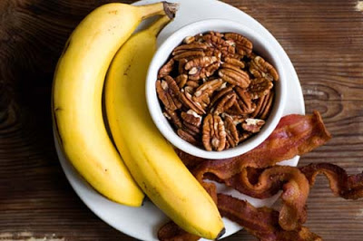 banana, bacon, and pecan pancakes