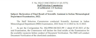 SSC IMD Scientific Assistant 2022 Result