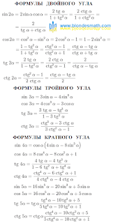 Формулы тригонометрия кратные углы.Формулы тригонометрия. Уравнения кратных углов. Тригонометрические равенства. Синус двойного, тройного, кратного углов. Косинус, тангенс, котангенс двойных, тройных углов. Математика для блондинок.