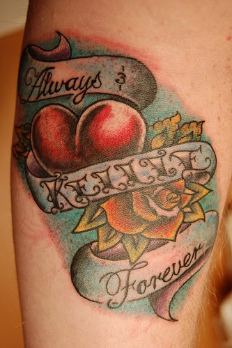 Hear Tattoo Combination With Lettering Tattoo And Rose Tattoo Designs