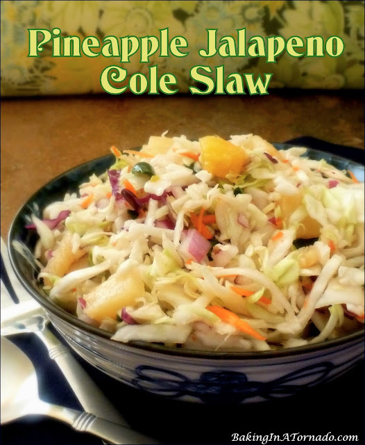 Pineapple Jalapeno Cole Slaw | recipe developed by Karen on www.BakingInATornado.com | #recipe #sidedish