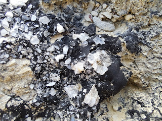 Bitúmen y cristales de calcita,Valle de Améscoa, Navarra, campo 5 cm