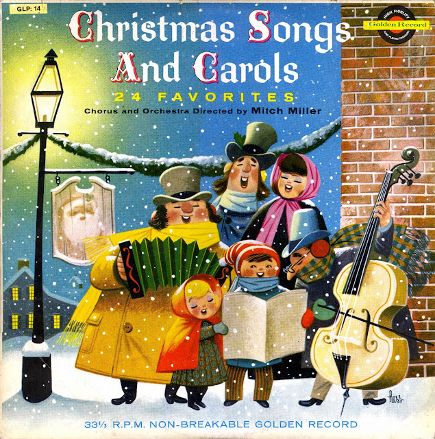 Album cover of Christmas Songs and Carols on Golden Records label, illustrated by Lowell Hess, showing Victorian carolers on a snowy evening near a gas street lamp with a wooden sign with Santa Claus's face on it.