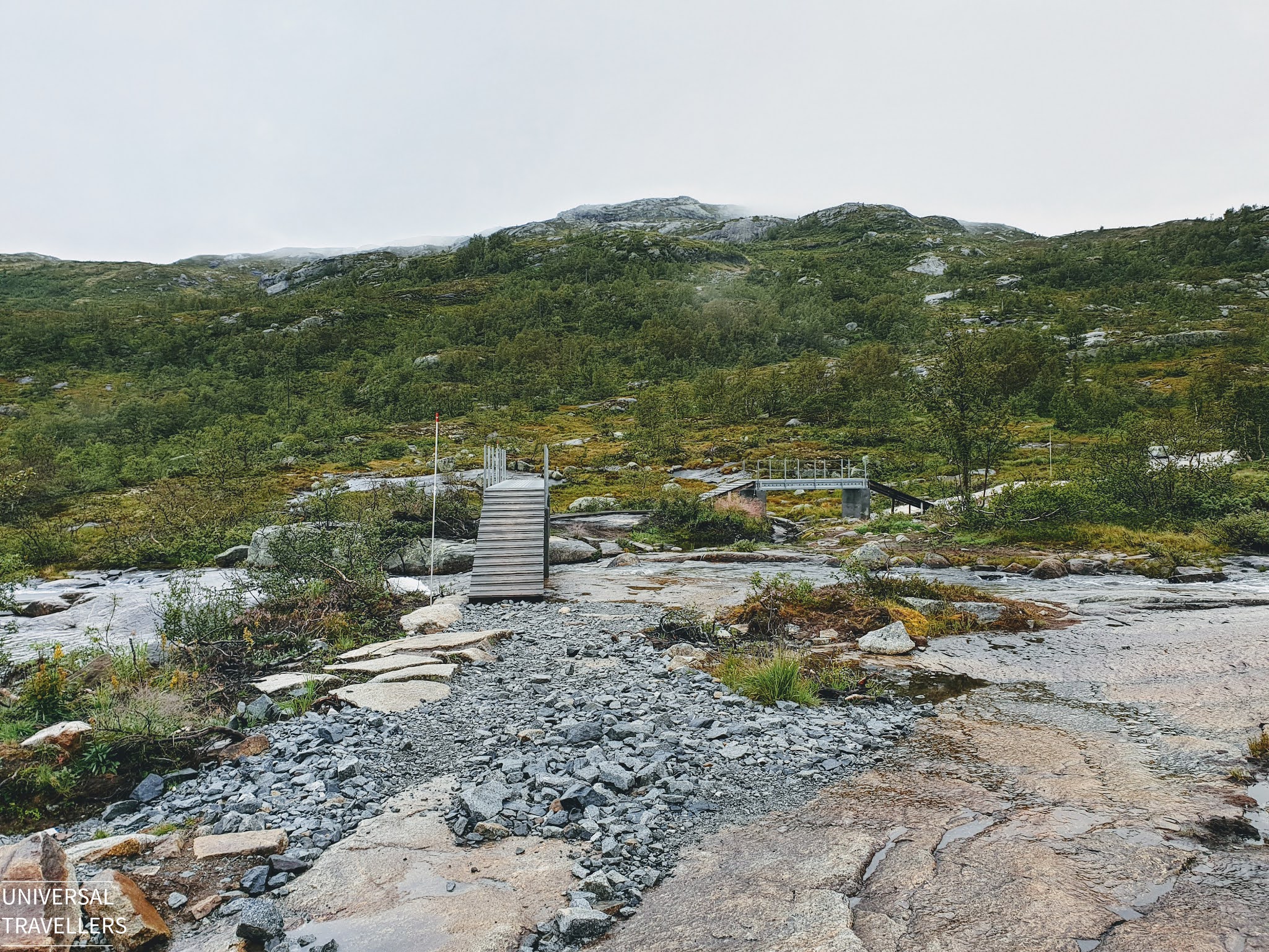 Along the way to Trolltunga Cliff aided with wooden bridges to pass the water streams