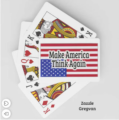 Make America Think Again - Buttons, T-Shirts, Embroidered Slogan Hats, Playing Cards and Pillows for Sale at Zazzle Gregvan - Mockery of Trump's Slogan