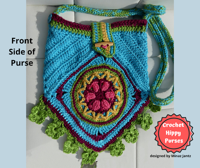 FRONT VIEW Blue Crochet Hippy Purse designed by Minaz Jantz