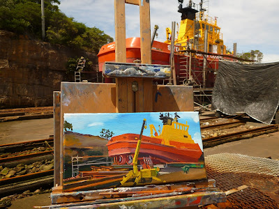 plein air oil painting of Sydney Ports tug 'Shirley Smith' on slipway of Goat Island by artist Jane Bennett