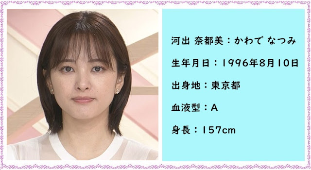 河出奈都美のプロフィール画像です。生年月日は1996年8月10日、出身地は東京都、血液型はA、身長は157cmと記載しています
