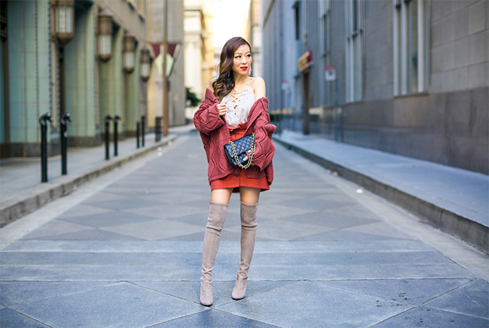 chicwish Your Own Dashing Open Front Hooded Cardigan in Red Brown, topshop button skirt, lace up cami, baublebar earrings, chanel classic flap bag, stuart weitzman over the knee boots, spring outfit ideas, san francisco fashion blog