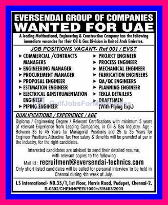 MNC Engineering & Construction Company Oil & Gas Division  UAE Job Vacancies