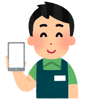 スマホの画面を見せる人のイラスト（店員・男性）