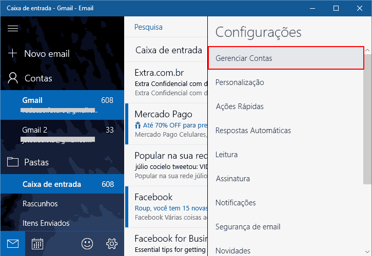 Windows 10 - Aplicativo Email, configurações