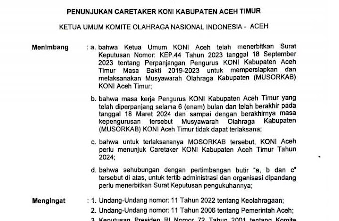 KONI Provinsi Ambil Alih Kepengurusan KONI Aceh Timur, Berikut Nama- Nama Caretaker