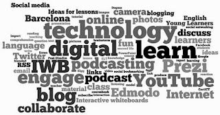 collage of words relating to technology in the classroom, such as: podcast, blog, engage, collaborate, YouTube, etc.