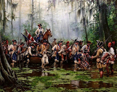 "Augusto Ferrer-Delmu's painting, "La Marcha de Galvez" depicts Berardo de Galvez and his ragtag army marching through Louisiana's swamp area, [including Plaquemine Point], to clear the British from Fort New Richmond in Baton Rouge"