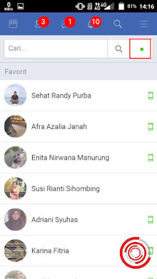 3. Langkah berikutnya untuk menghilangkan waktu terakhir online di FB Lite silakan kalian pilih titik hijau di pojok kanan atas yang menggambarkan online status