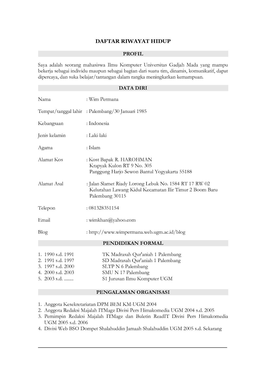 Contoh Daftar Riwayat Hidup / Curriculum Vitae (CV 